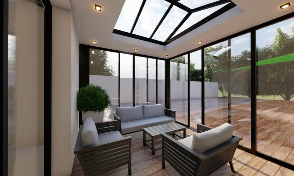 Véranda aluminium avec toit en verrière et salon intérieur