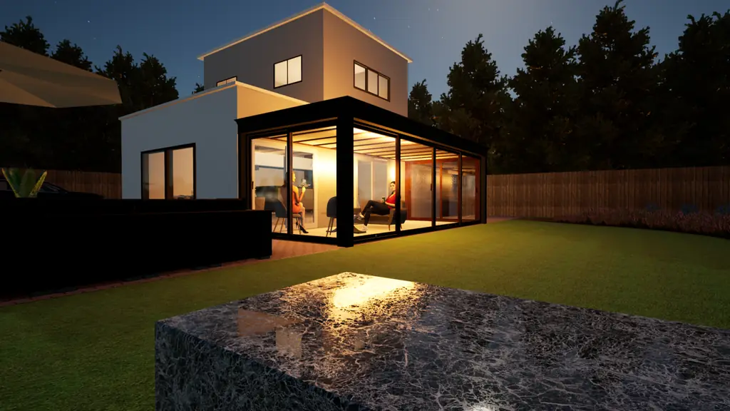 Extension véranda aluminium noire éclairée de nuit
